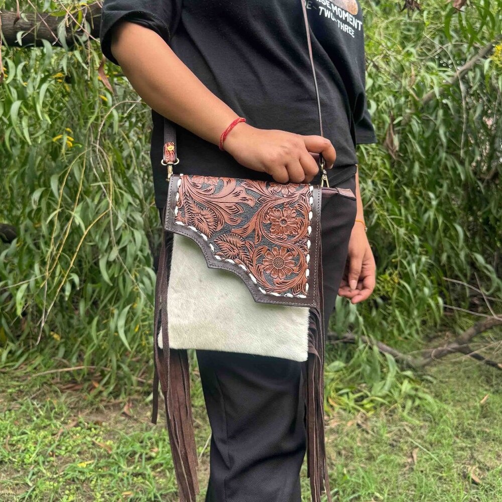 Western Fringe Purse, Tooled Cowhide Tote Bag with Detachable Crossbody Strap